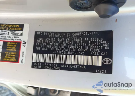 2011 Toyota Camry Le from USA, damaged, VIN 4T1BF3EK3BU120742